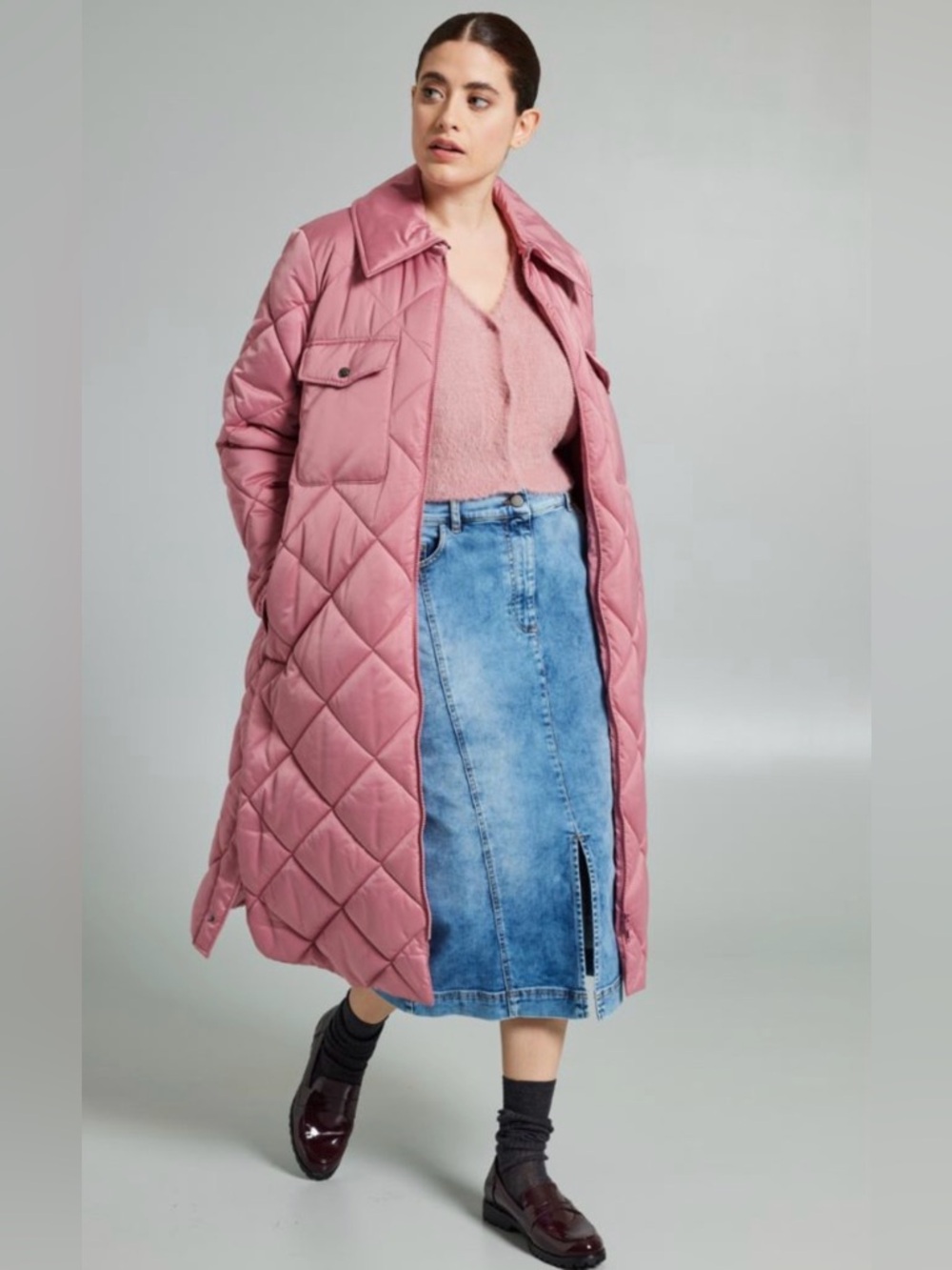 Marina Rinaldi Quilted Long Coat in Dusty Rose Pink